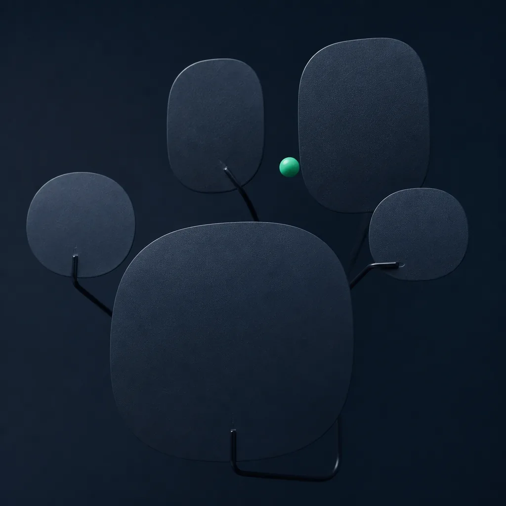 Paneles oscuros con un punto verde de acento / Dark panels with a green accent dot