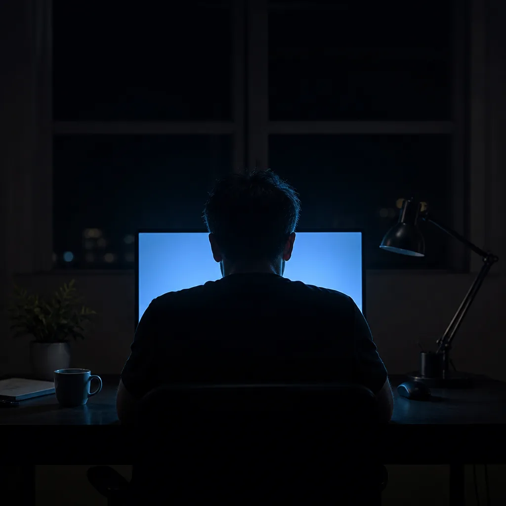 Persona frente a una pantalla azul de noche / Person facing a blue screen at night